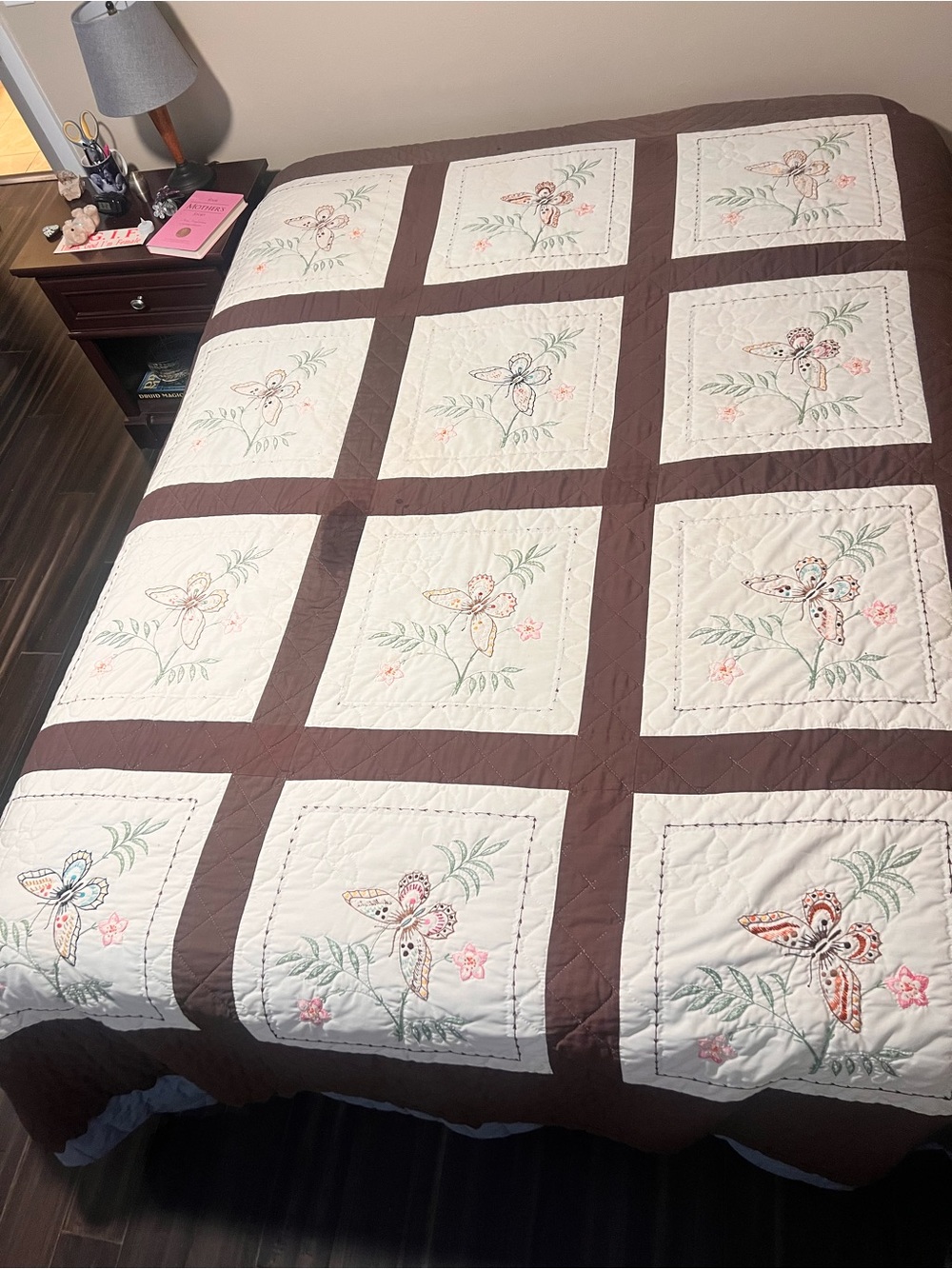 Embroidered Floral Patchwork Quilt - Cream and Brown